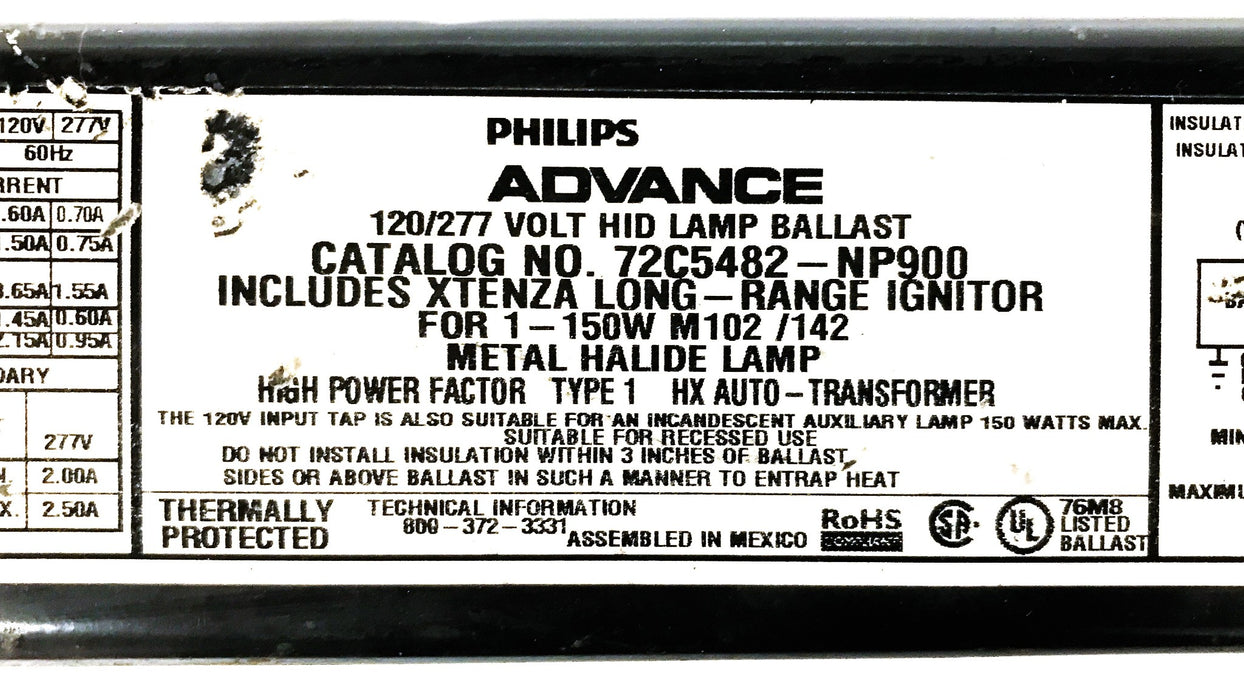 Philips Advance 150W Metal Halide F-Can Ballast 72C5482-NP900 USED