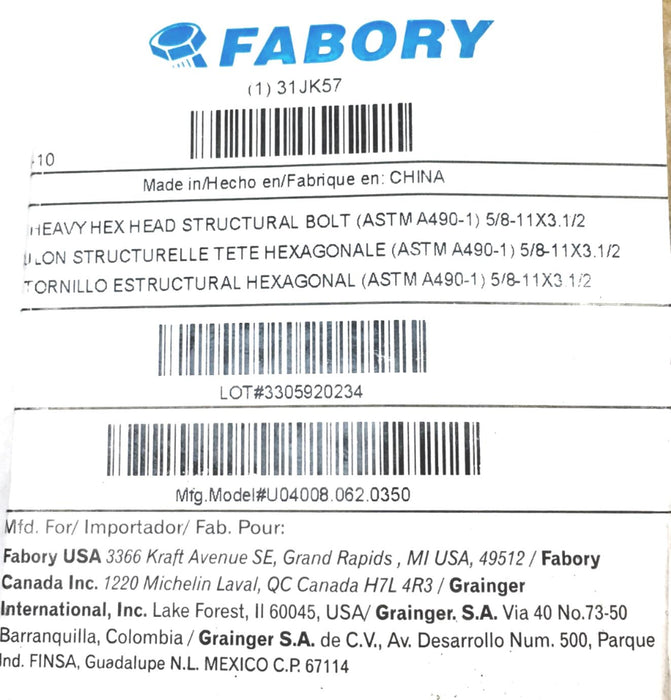 Farbory 5/8-11X3.12 Inch Heavy Hex Head Structural Bolt A490 [Lot of 15] NOS