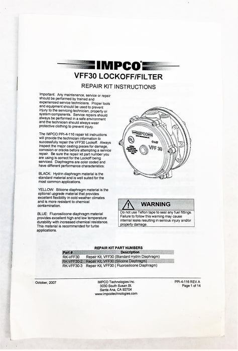 IMPCO Standard Lockoff/Filter Hydrin Repair Kit RK-VFF30 NOS