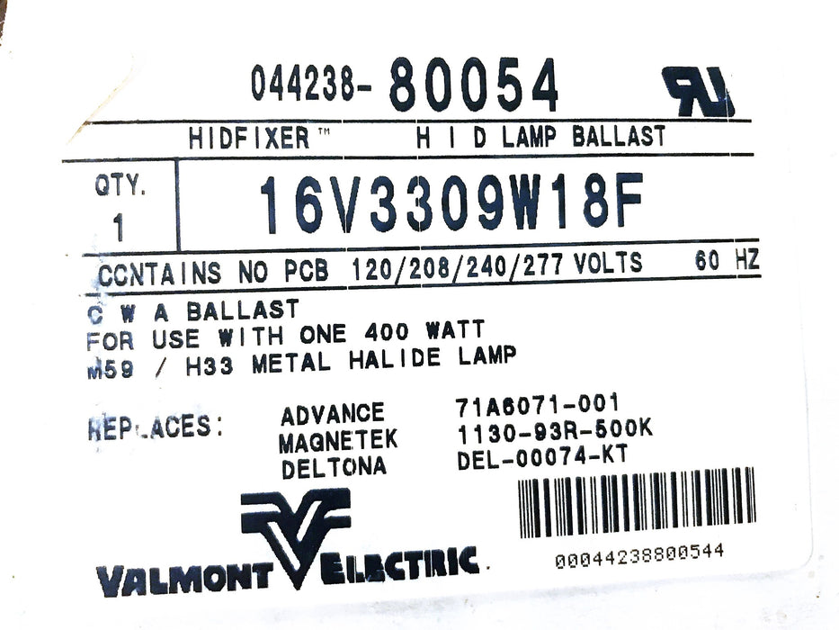Valmont Electric 400 Watt 120/208/240/277 Volt Ballast Kit 16V3309W18F NOS