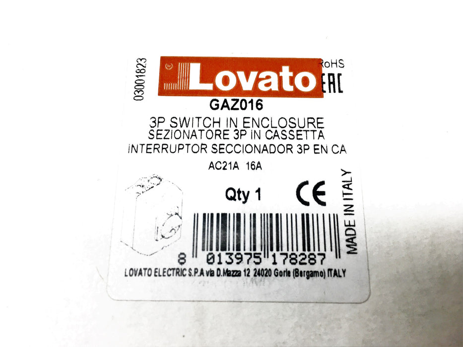 Lovato 3P Switch In Enclosure GAZ016 NOS