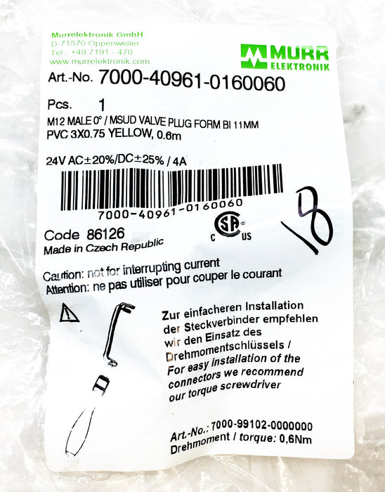 Murr Elektronik M12 Male 0 Degree/MSUD Valve Plug Form BI 7000-40961-0160060 NOS