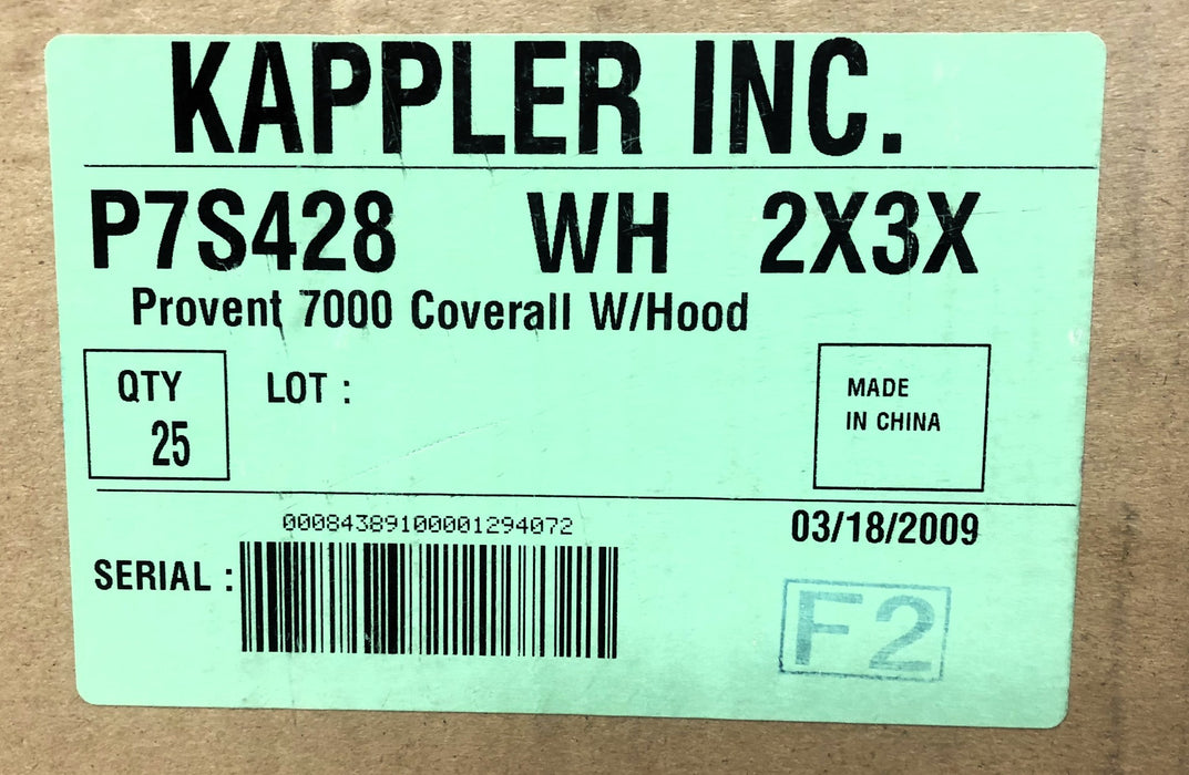 Kappler Inc 2X3X Provent 7000 WH Coverall With Hood P7S428 Case Of 25 NOS