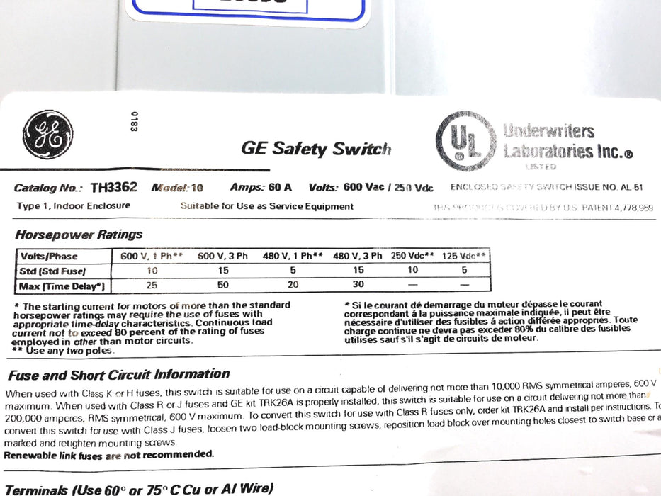 General Electric Model 10 Heavy Duty Safety Switch Indoor Enclosure TH3362 USED