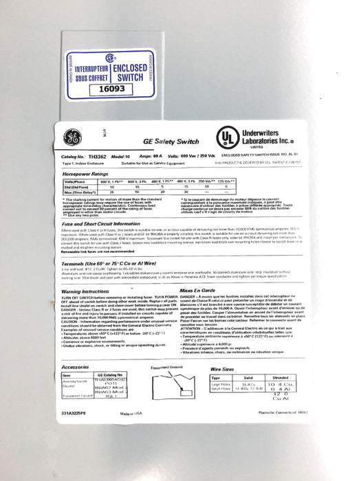 General Electric, Model 10 Heavy Duty Safety Switch Indoor Enclosure TH3362 USED
