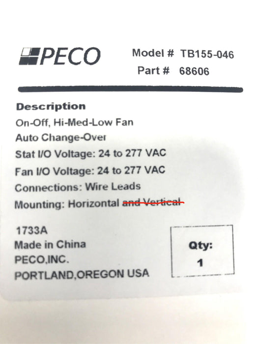 PECO Automation and Controls Thermostat *Horizontal Mounting Only* TB155-046 NOS
