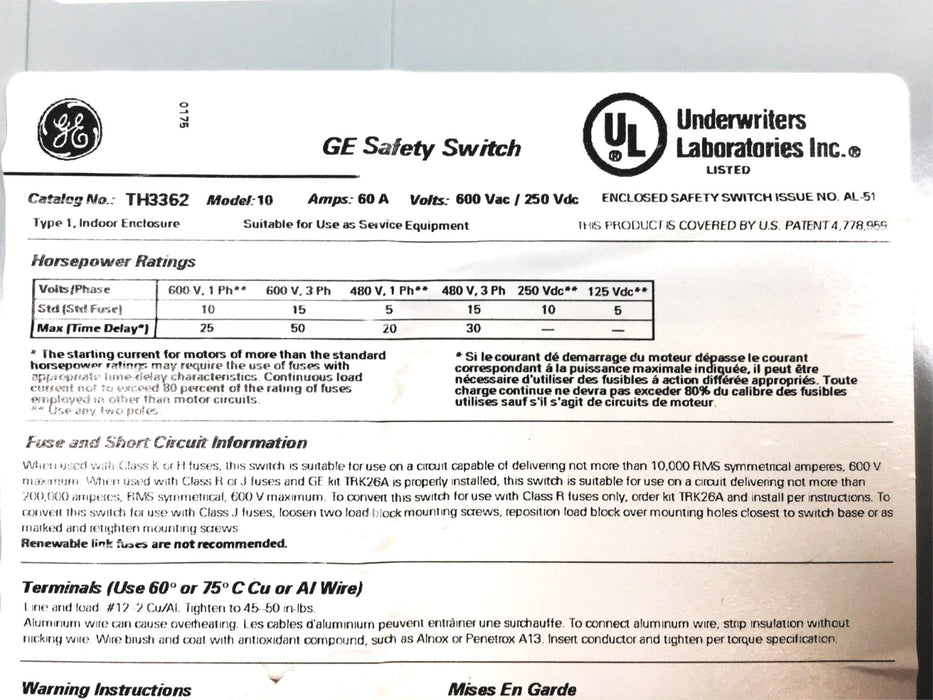 General Electric, Model 10 Heavy Duty Safety Switch Indoor Enclosure TH3362 USED