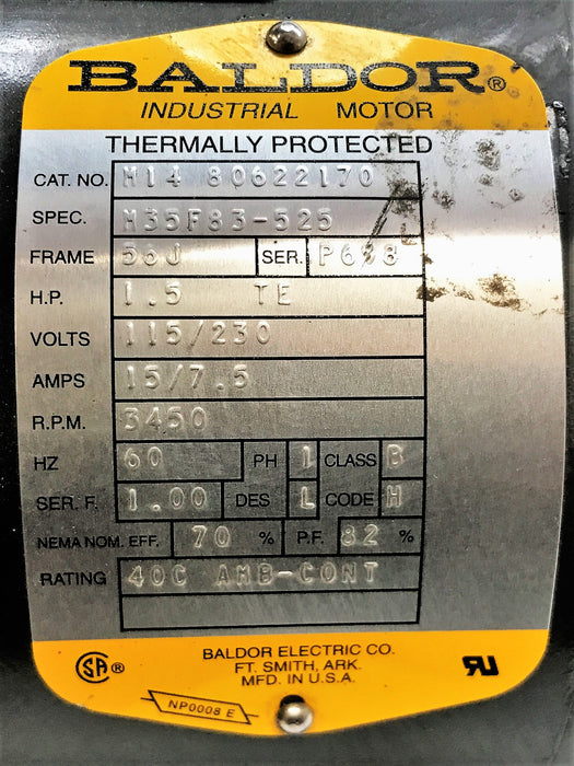 Baldor Thermally Protected General Purpose Motor M14-80622170 NOS