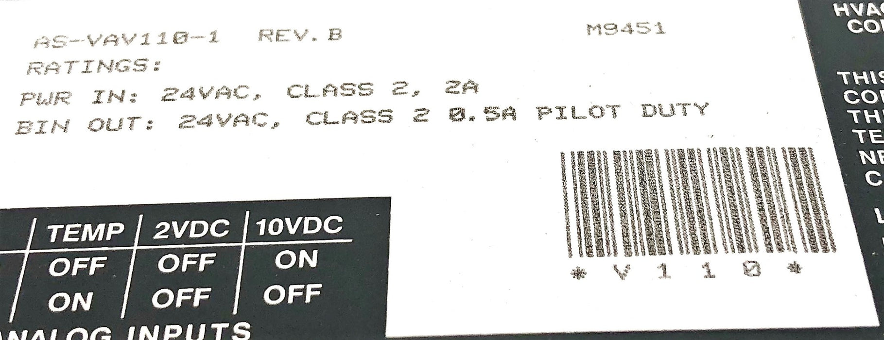 Johnson Controls Metasys Rev-B Air Volume Controller AS-VAV110-1 (M9451) USED