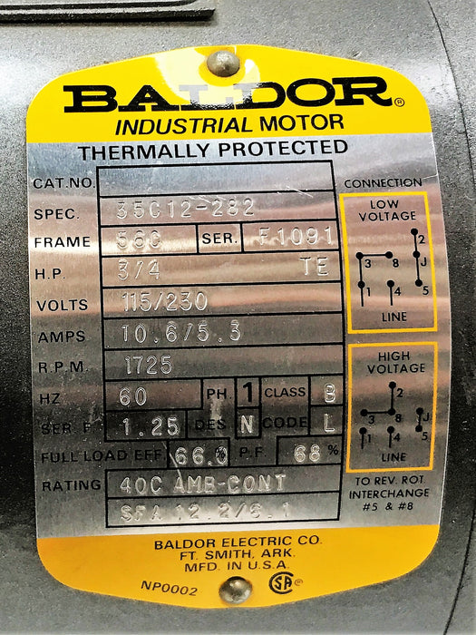 Baldor Thermally Protected General Purpose Motor 35C83-282 NOS