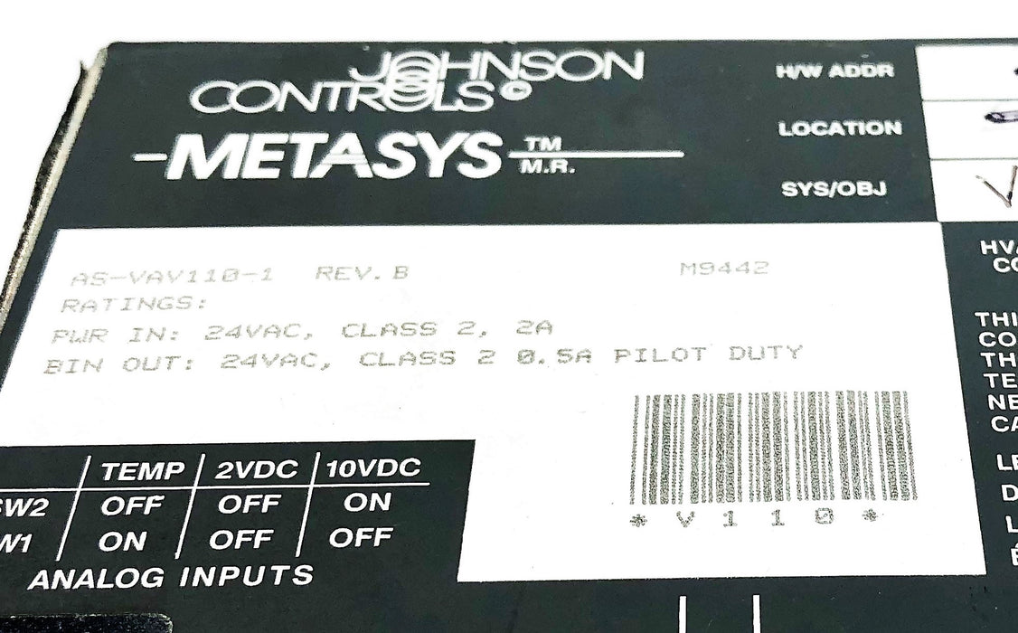 Johnson Controls Metasys RevB Air Volume Controller AS-VAV110-1 (M9442) USED