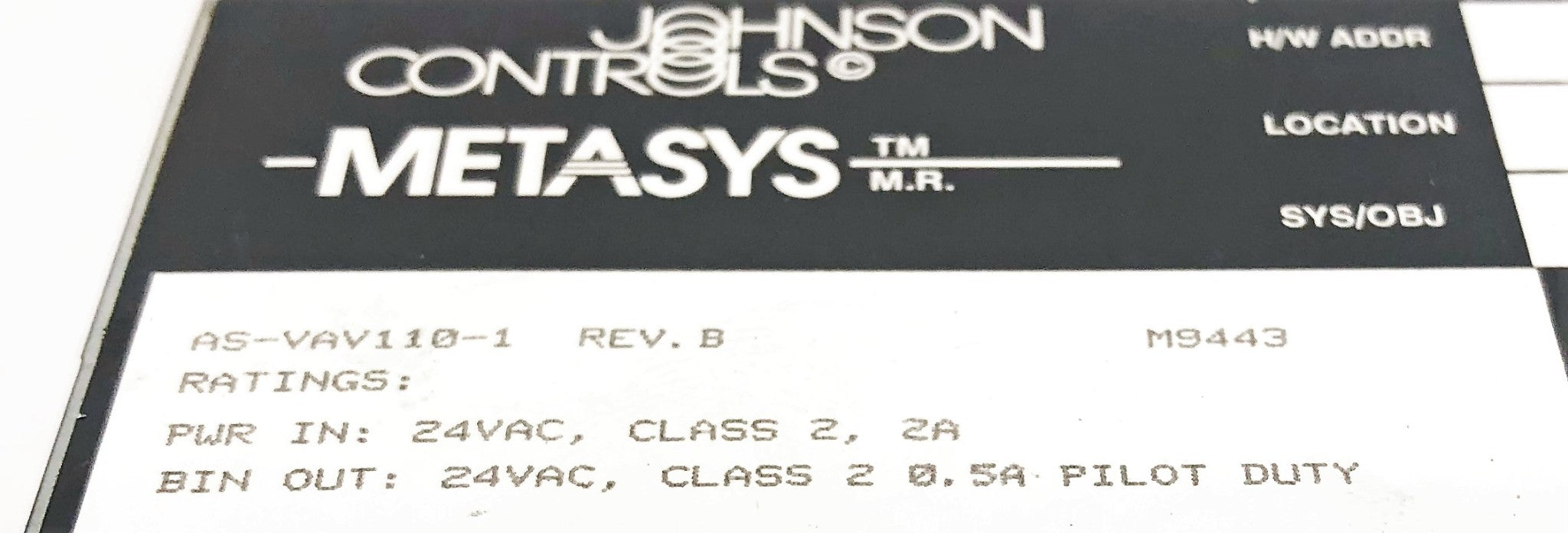 Johnson Controls Metasys Rev-B Air Volume Controller AS-VAV110-1 (M9443) USED