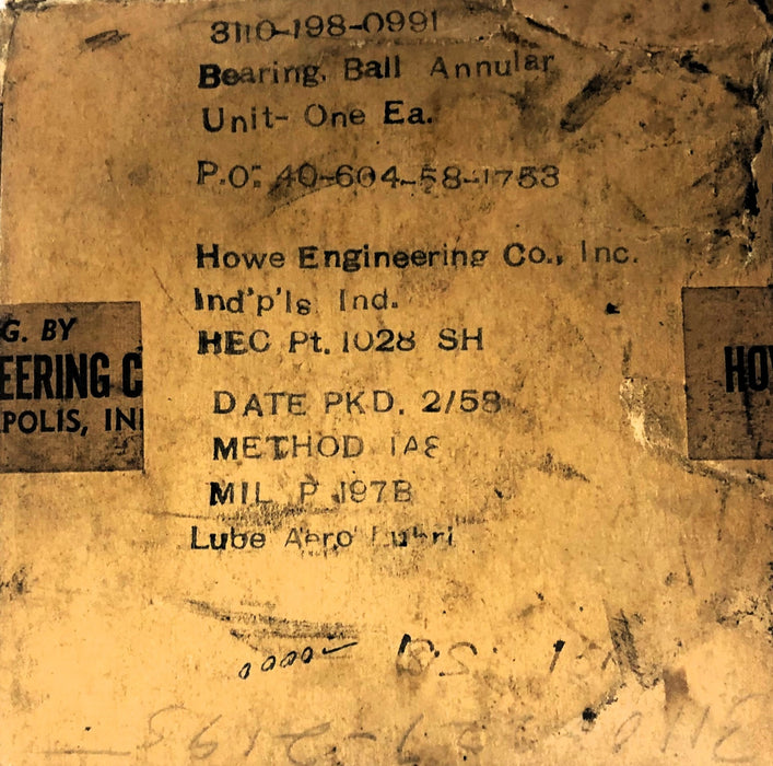 Howe Engineering 3110-198-0991 Annular Ball Bearing 40-604-58-1753 NOS