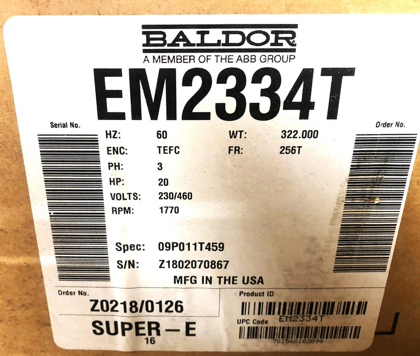 Baldor SuperE 20HP 230/460V 48/24Amp 1770RPM AC Motor EM2334T (09P011T459) NOS