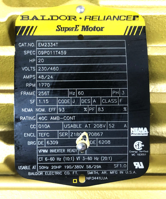 Baldor SuperE 20HP 230/460V 48/24Amp 1770RPM AC Motor EM2334T (09P011T459) NOS