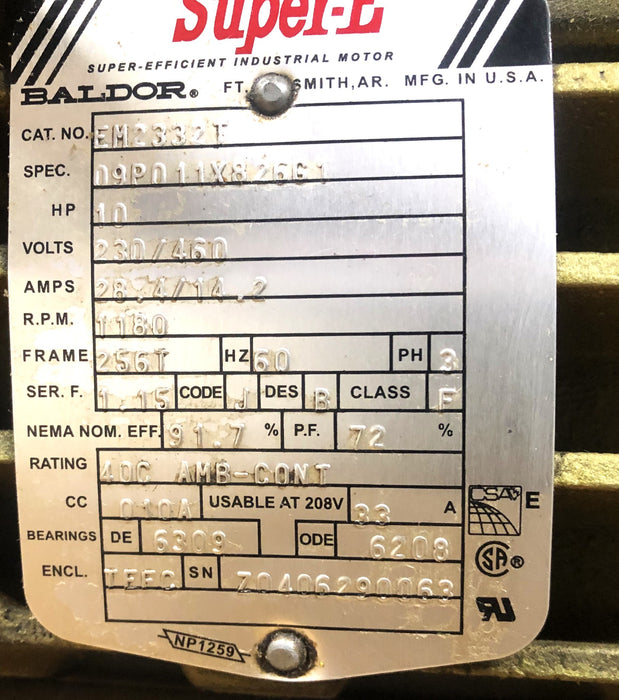 Baldor SuperE 10HP 230/460V 3PH General Purpose Motor EM2332T (09P011X82661) NOS