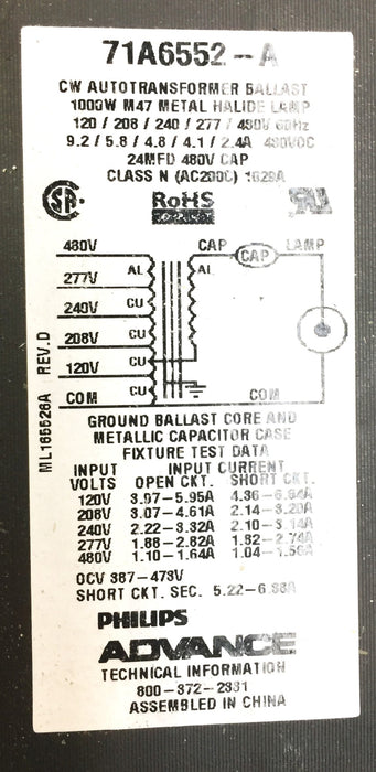 Philips Advance Autotransformer Ballast Kit 71A6552-A NOS