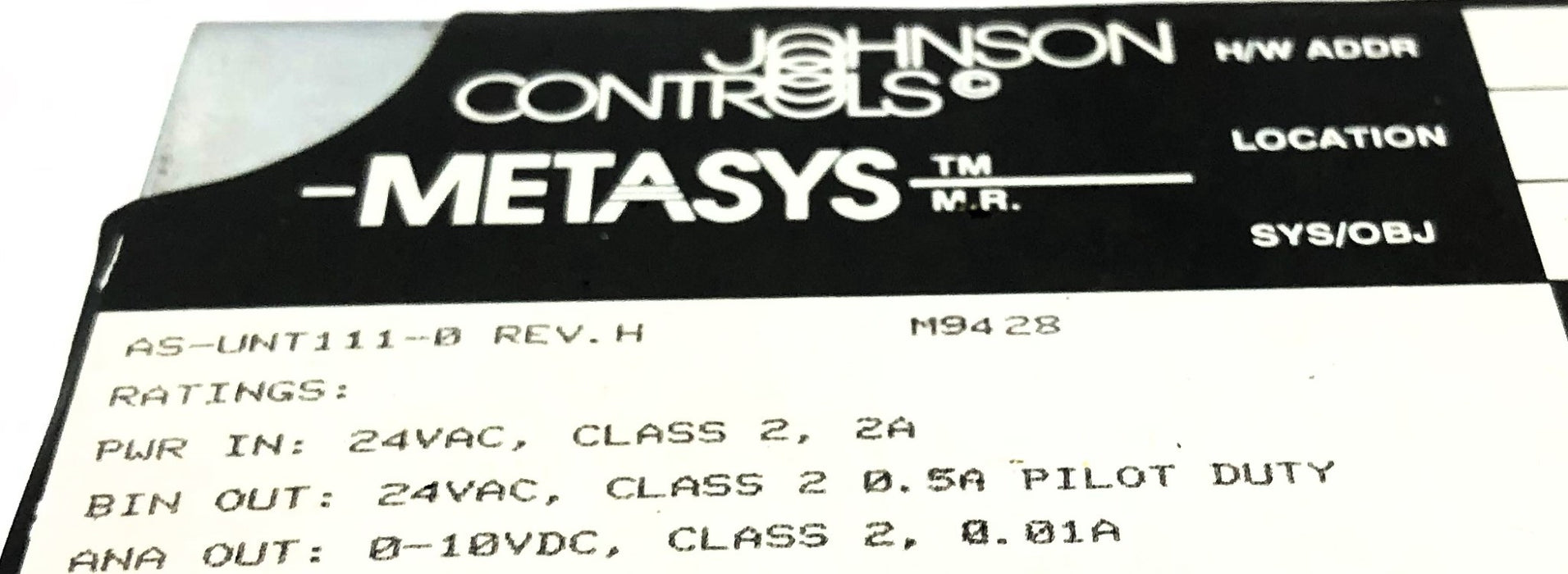 Johnson Controls Metasys Rev-H Air Volume Controller AS-UNT111-0 (M9428) USED