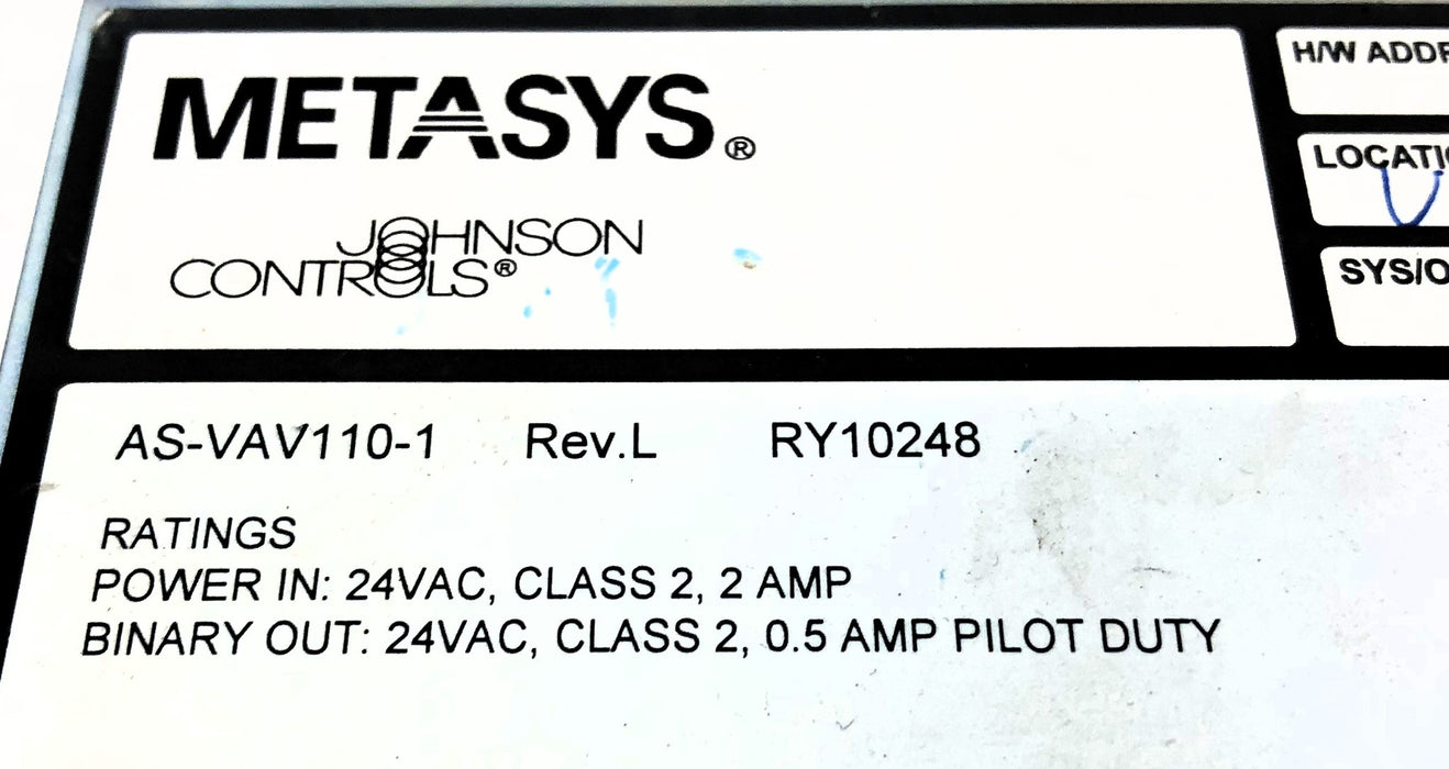 Johnson Controls Metasys Rev.L Air Volume Controller AS-VAV110-1 (RY10248) USED