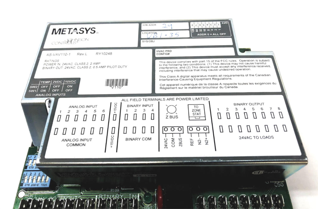 Johnson Controls Metasys Rev.L Air Volume Controller AS-VAV110-1 (RY10248) USED