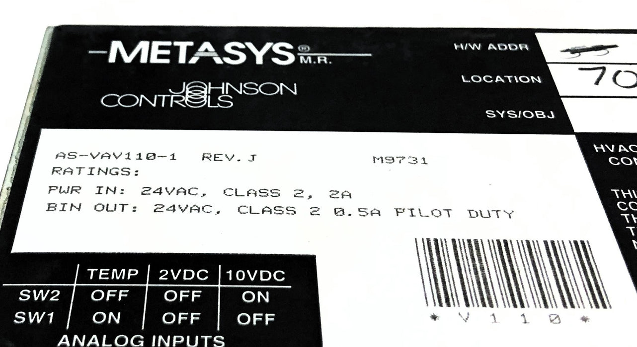 Johnson Controls Rev.J Air Volume Controller (Loose Jack) AS-VAV110-1 USED