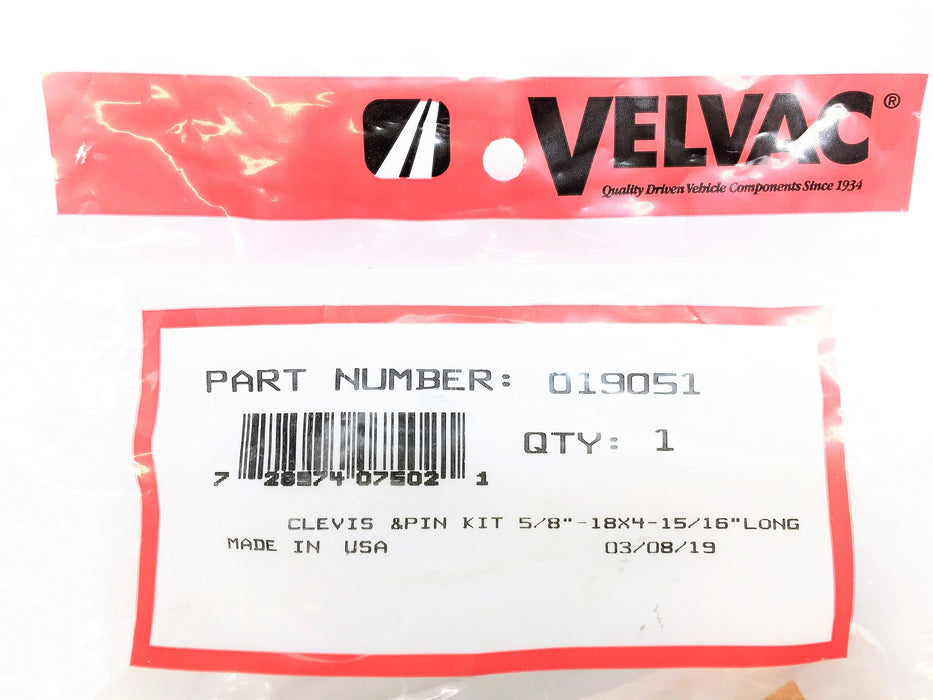 VELVAC 5/8"-18 X 4-15/16"(L) Clevis and Pin Kit 019051 NOS