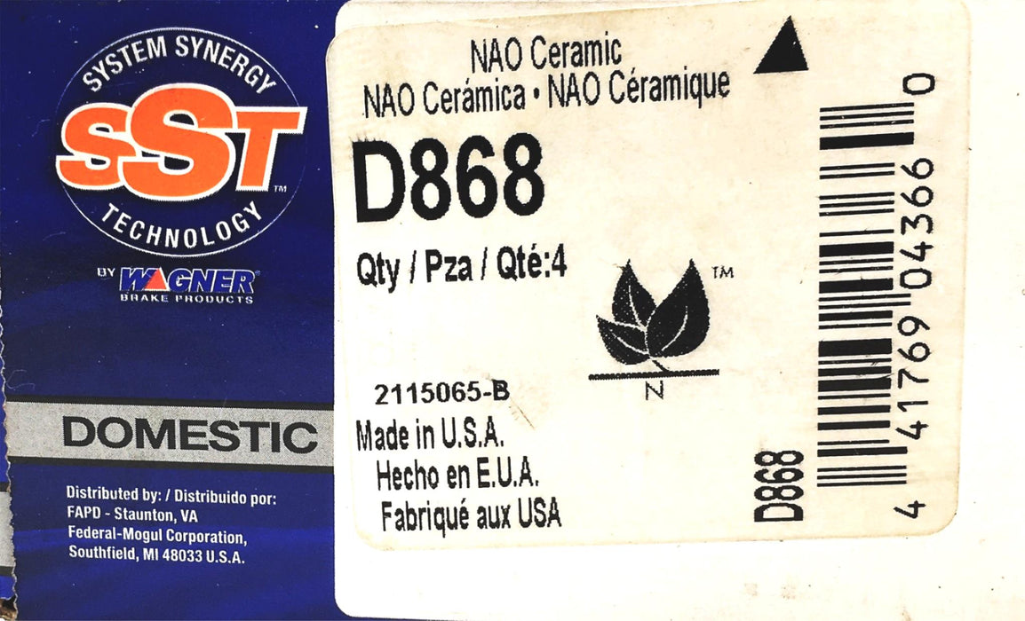 Wagner System Synergy Technology Domestic NAO Ceramic Brake Pads D868 NOS