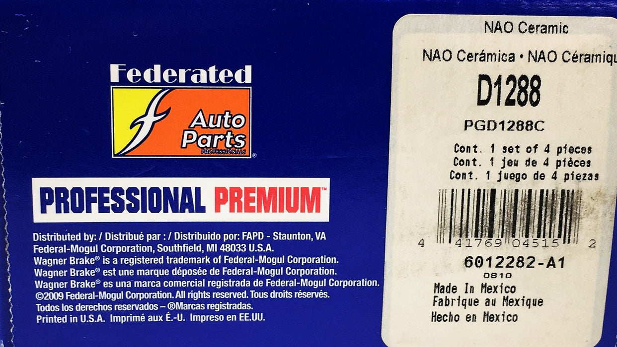 Wagner Federated Auto Parts NAO Ceramic Disc Brake Pads D1288 NOS