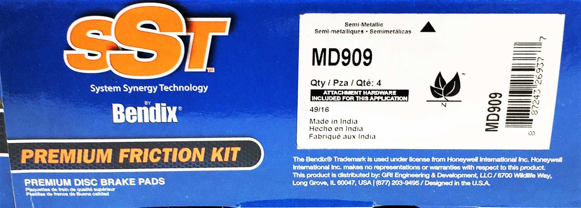 Bendix SST Premium Friction Kit Semi Metallic Disc Brake Pads MD909 NOS
