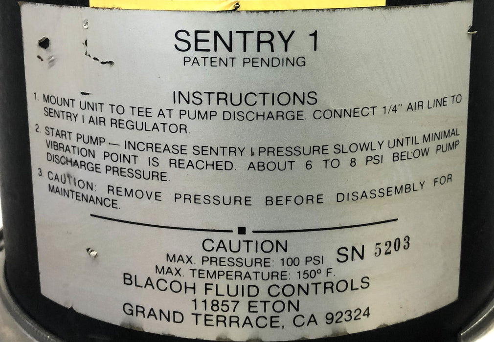 Blacoh Fluid Controls Sentry 1 Pulsation Dampener Broken Gauge 5203 USED