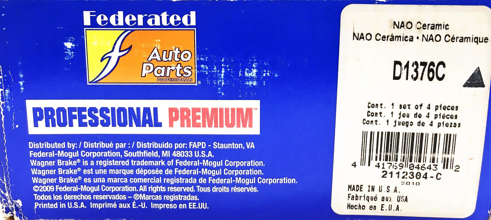 Wagner Federated Auto Parts NAO Ceramic Disc Brake Pads D1376C NOS