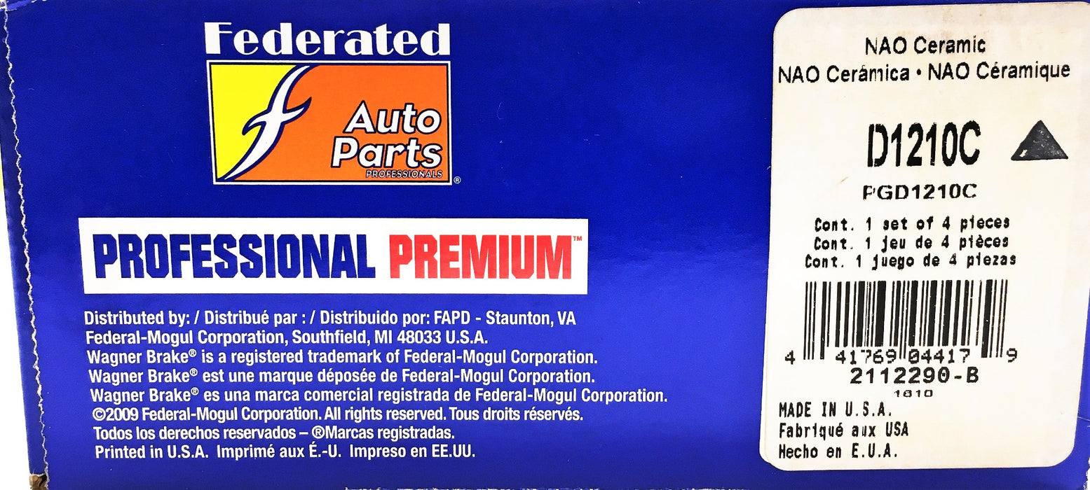 Wagner Federated Auto Parts NAO Ceramic Disc Brake Pads D1210C NOS