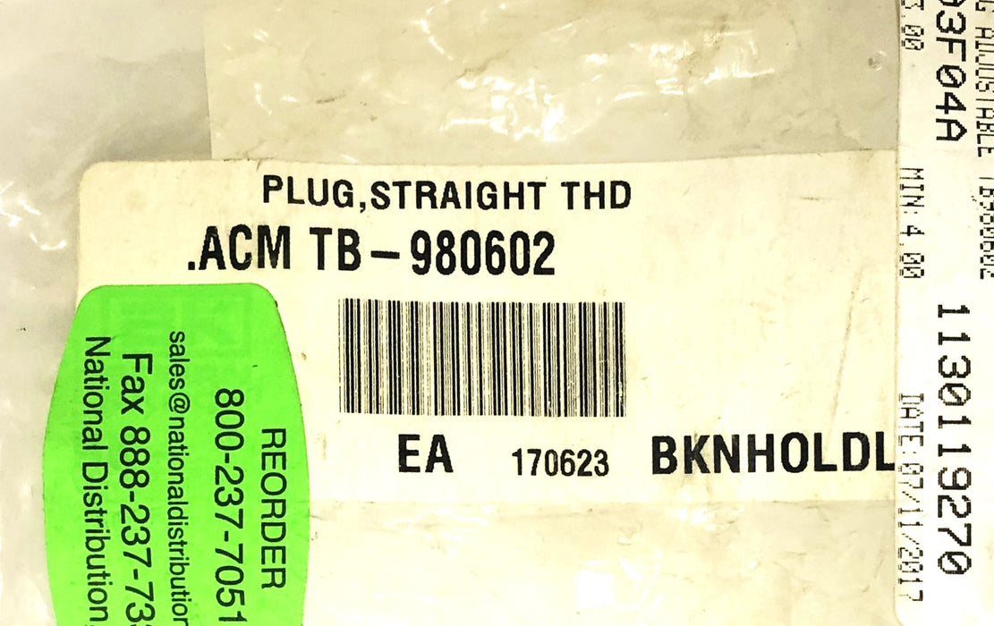ACM 1.05X0.86 Inch 15 Thread Straight Plug TB-980602 [Lot of 4] NOS