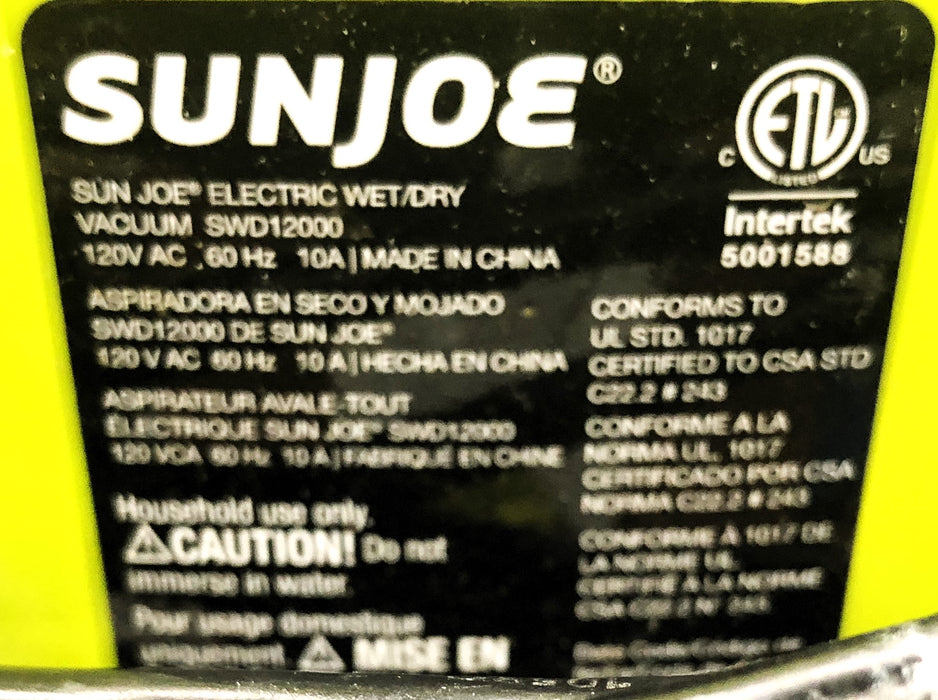 SunJoe 12 Gallon Wet/Dry Shop Vacuum SWD12000 LOCAL PICKUP ONLY USED