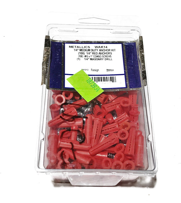 Metallics Big Red Plastic 1/4" Conical Wall Anchor Kit WAK14 NOS