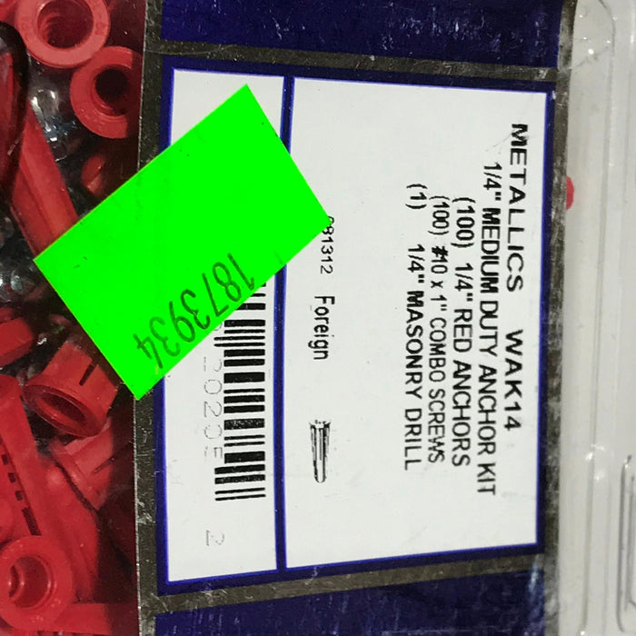 Metallics Big Red Plastic 1/4" Conical Wall Anchor Kit WAK14 NOS