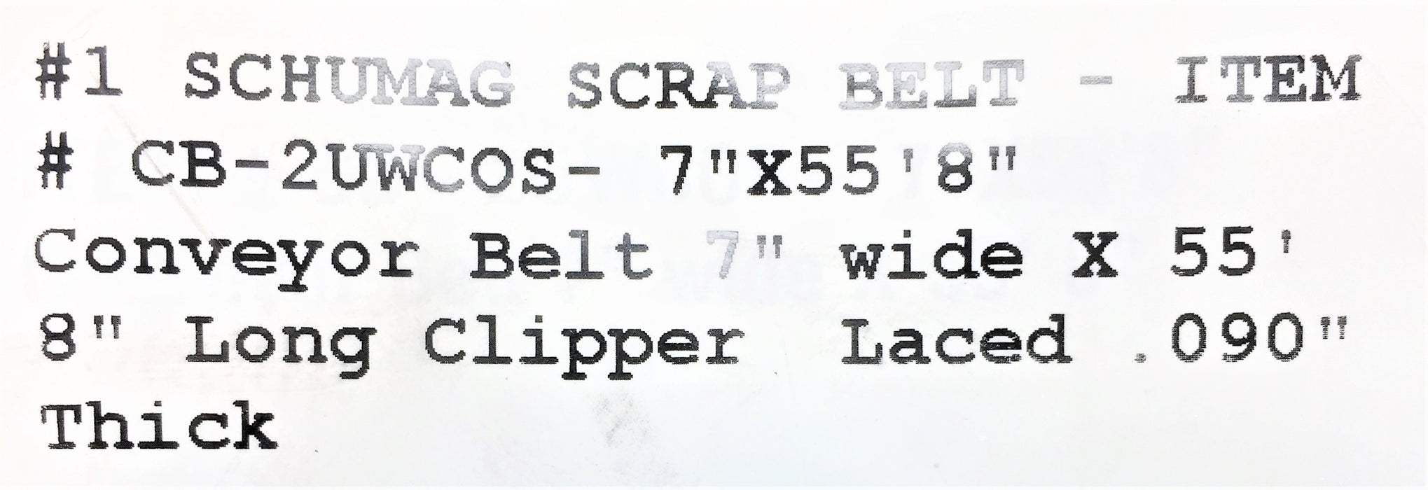 UNBRANDED 7" x 55' Conveyor Belt Long Clipper Laced .090" Thick NOS