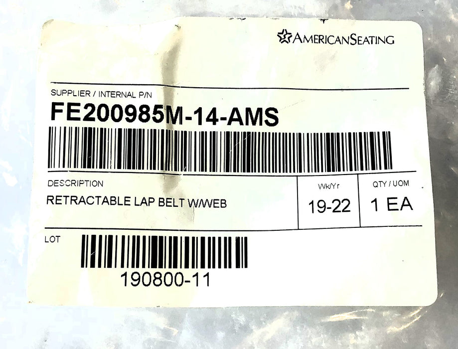 Sure-Lok Retractable Lap Belt With Web FE200985M-14-AMS NOS
