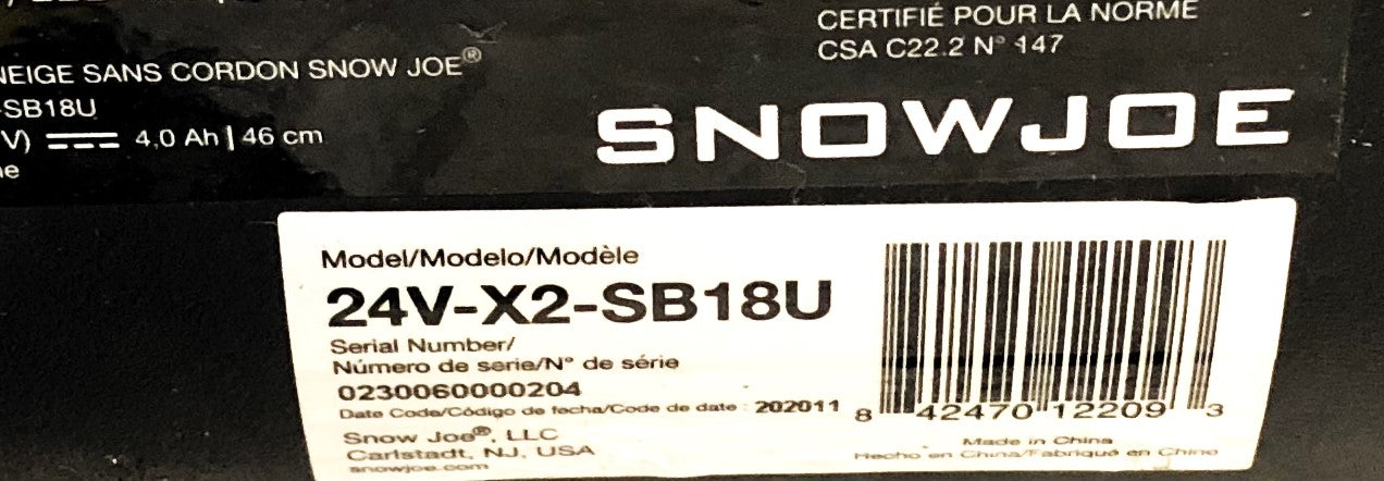 SnowJoe Cordless 48V Snow Blower TOOL ONLY 24V-X2-SB18U LOCAL PICKUP ONLY USED