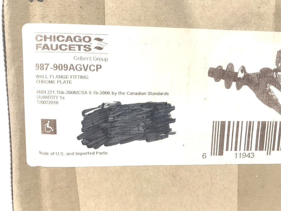 Chicago Faucets Chrome Wall Flange Fitting Dual Valve 987-909AGVCP NOS