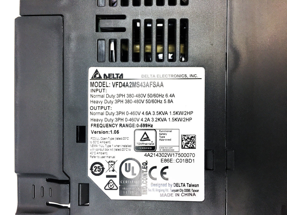 Delta Series MS300 3PH 460V 1.5KW/2HP Inverter VFD4A2MS43AFSAA NOS