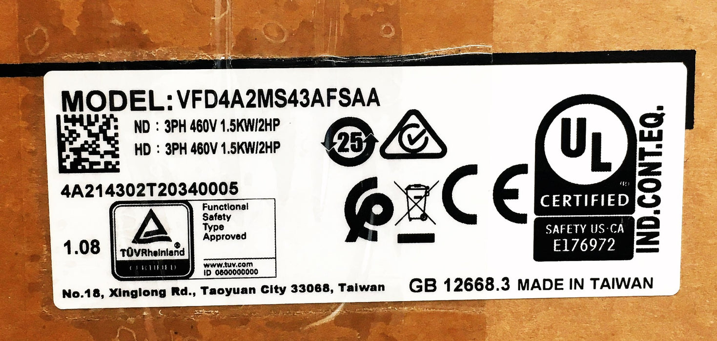 Delta Series MS300 3PH 460V 1.5KW/2HP Inverter VFD4A2MS43AFSAA NOS