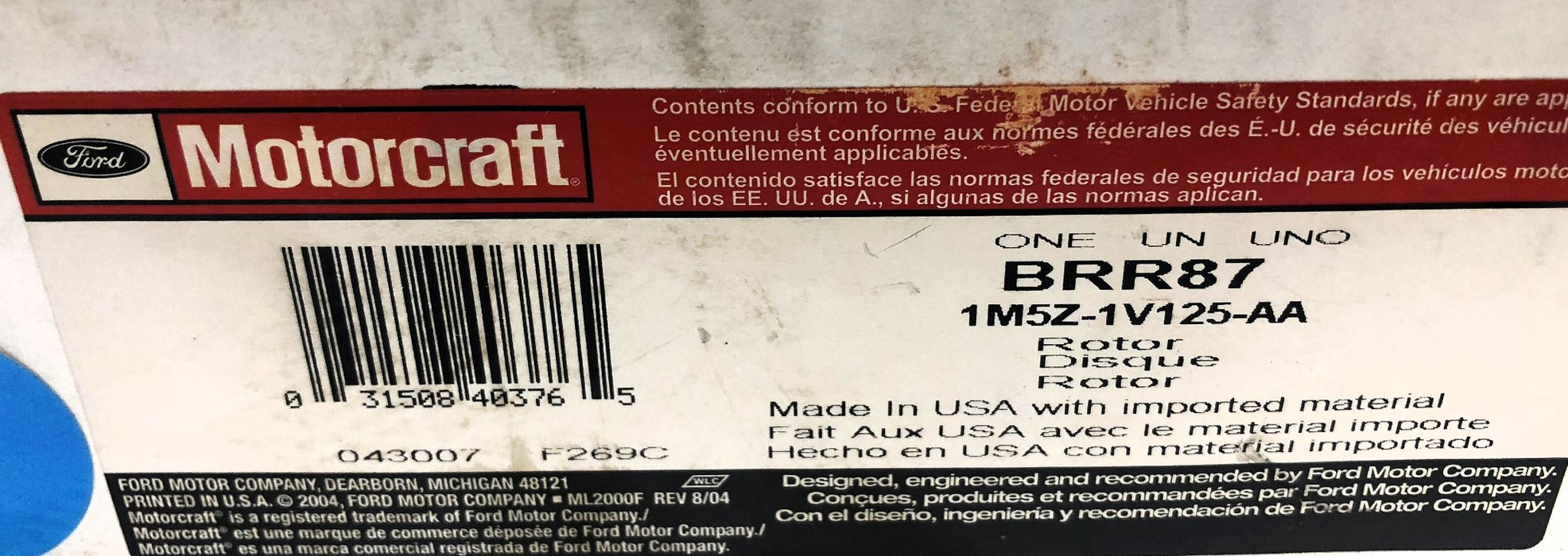 Motorcraft Disc Brake Rotor 1M5J-2C502-AA (BRR87) NOS