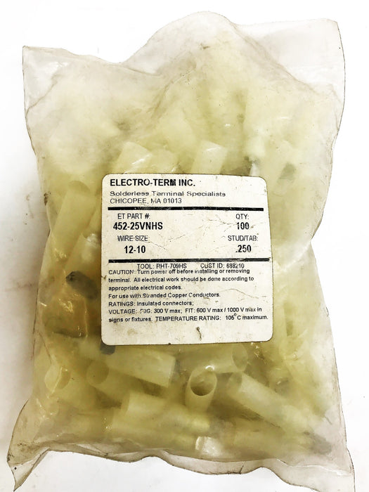 Electro-Term 12-10 Size Terminal Connectors, Bag of 100, 452-25VNHS NOS