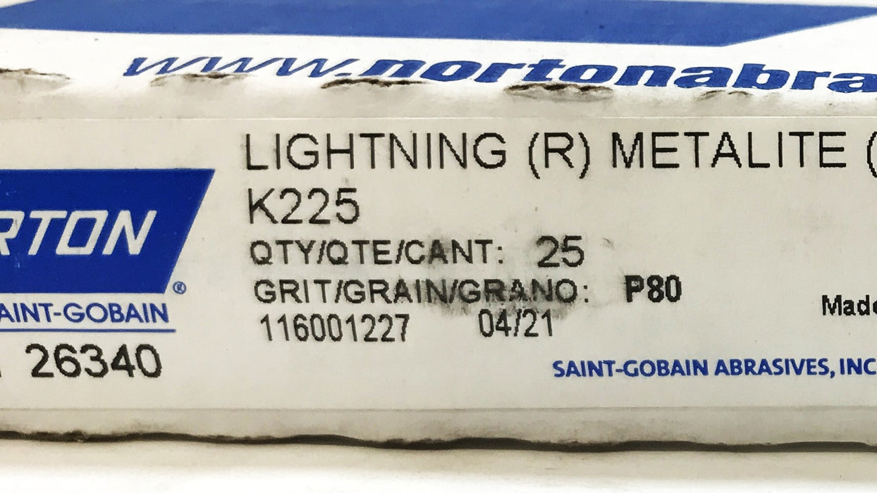 Norton K225-P80 Metallite 9" x 11" Sanding Sheets, Box of 25, 26340 NOS