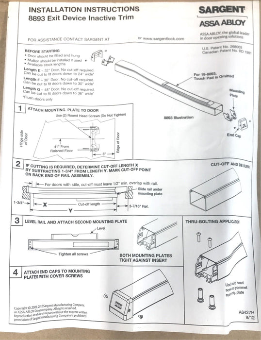 Sargent Assa Abloy Exit Device Push Bar Inactive Trim(Dummy Bar) 8893F NOS