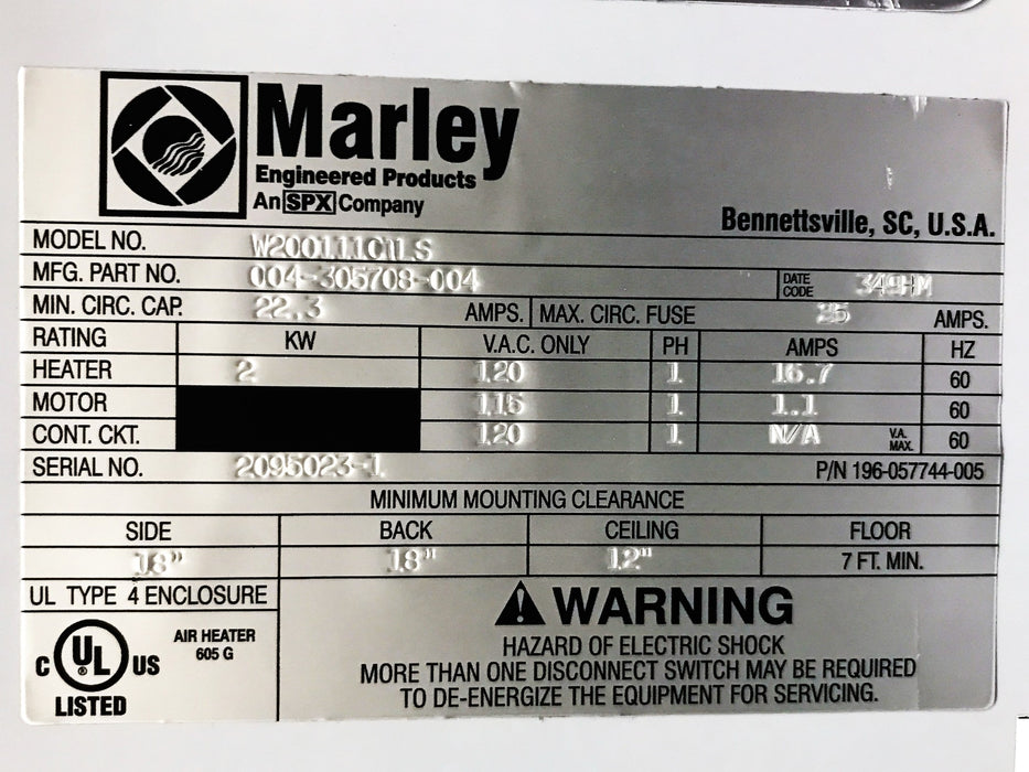 Marley W Series Model C Fan-Forced Wall Heater W200111CTLS NOS