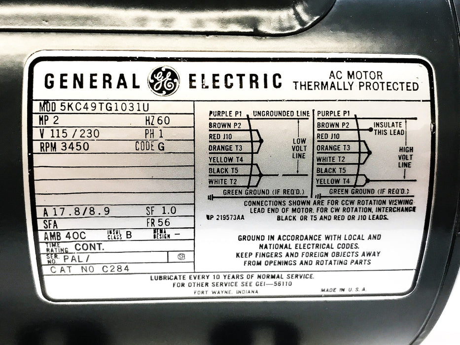 General Electric C-284 Thermally Protected Motor 5KC49TG1031U NOS