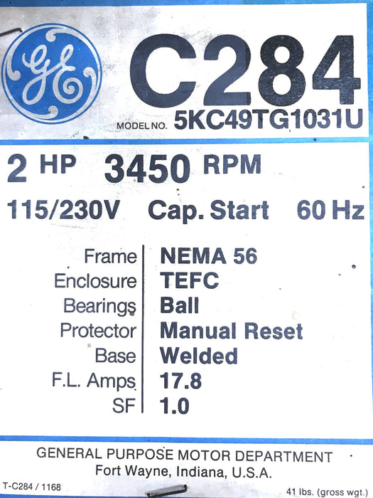 General Electric C-284 Thermally Protected Motor 5KC49TG1031U NOS