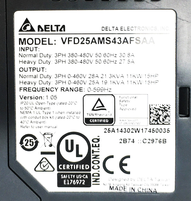 Delta Inverter Frequency Converter VFD25AMS43AFSAA NOS